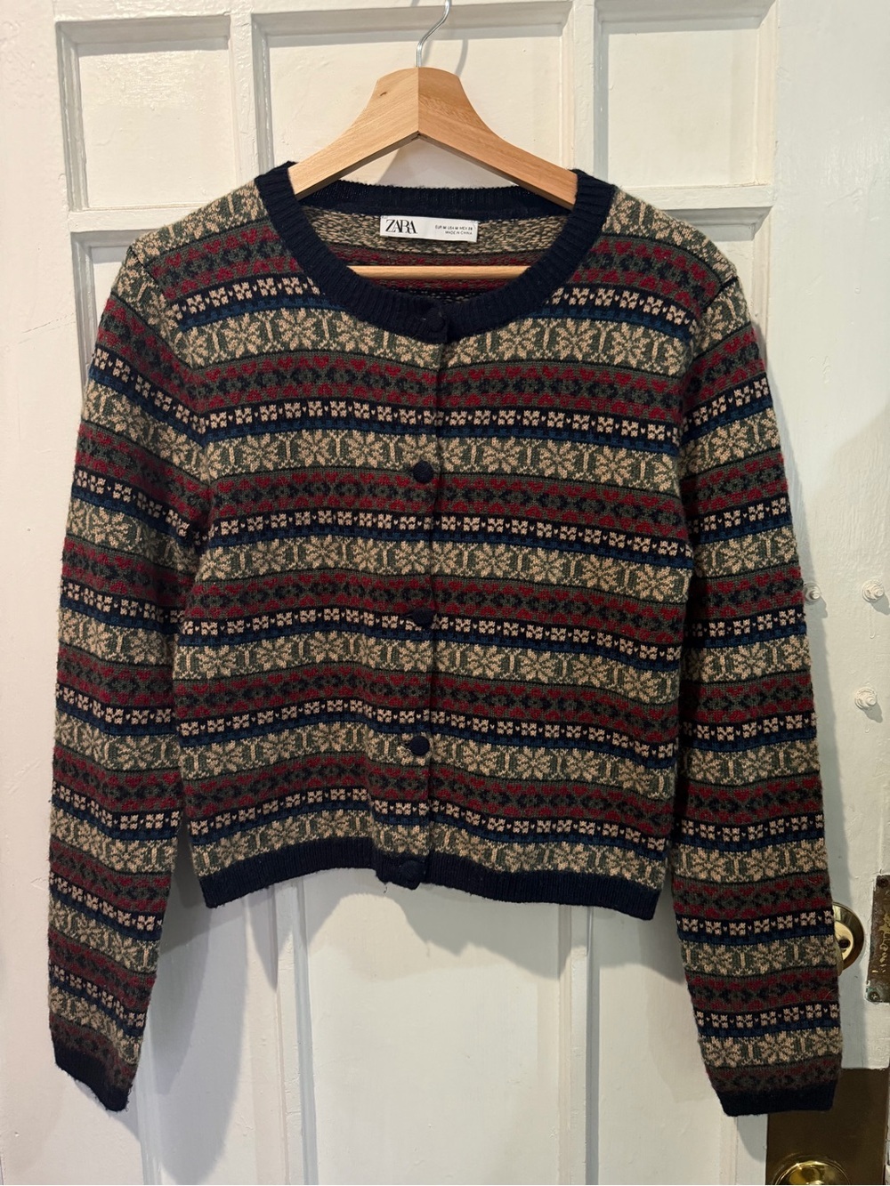 ZARA Navy, Cream & Red Fair Isle Button Cardigan